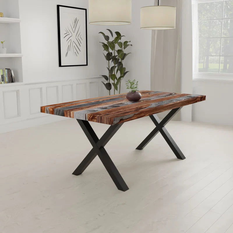 Furnishiaa Solid Sheesham Wood Top Dining Table with Grey X-Shape Metal Base Frame - Furnishiaa -  -